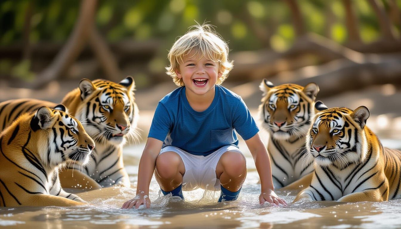 Boy Playing with Tigers: a Realistic Photograph