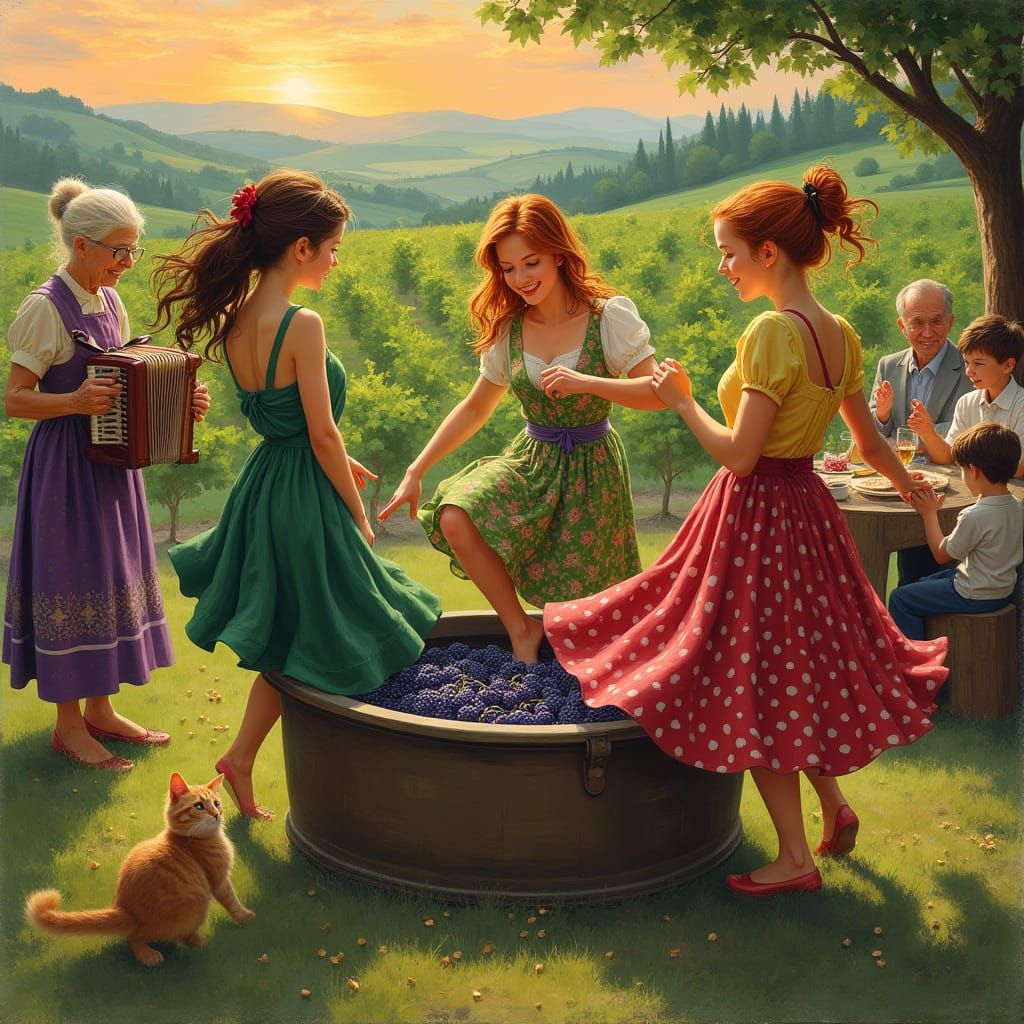 Girls Dancing in a Vineyard at Sunset
