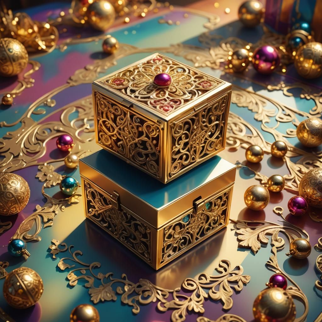 Ornate Golden Box Reflecting Light in 3D Rendering