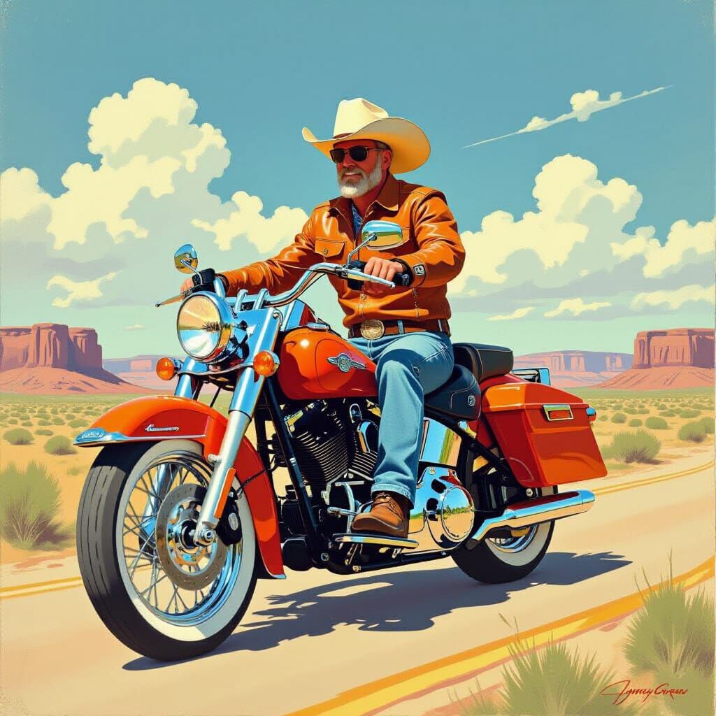 Neon Harley Davidson Rider in Western Landscape