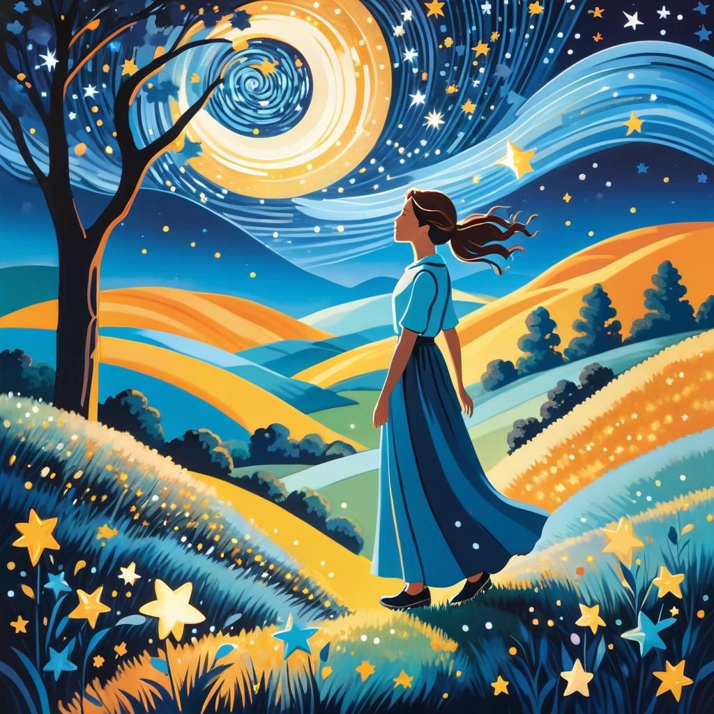 Fantasy Stargazer Gouache Painting in Miro Style