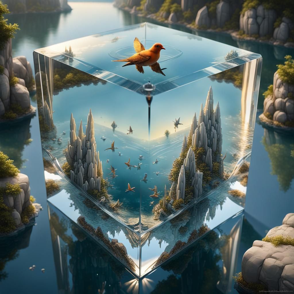 Crystal Cube on Water: Maximalist Fantasy Art