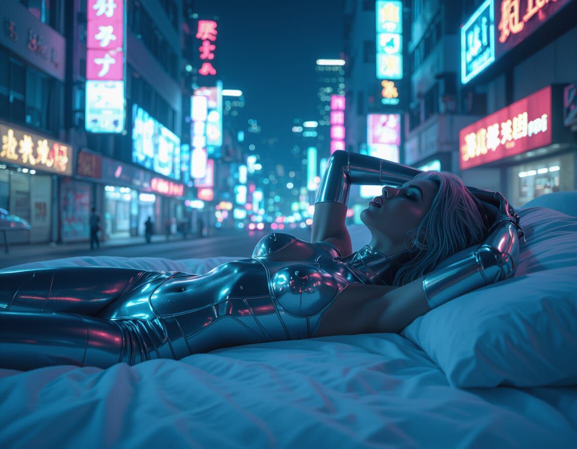 Chrome Girl in Cyberpunk City: Cinematic Still