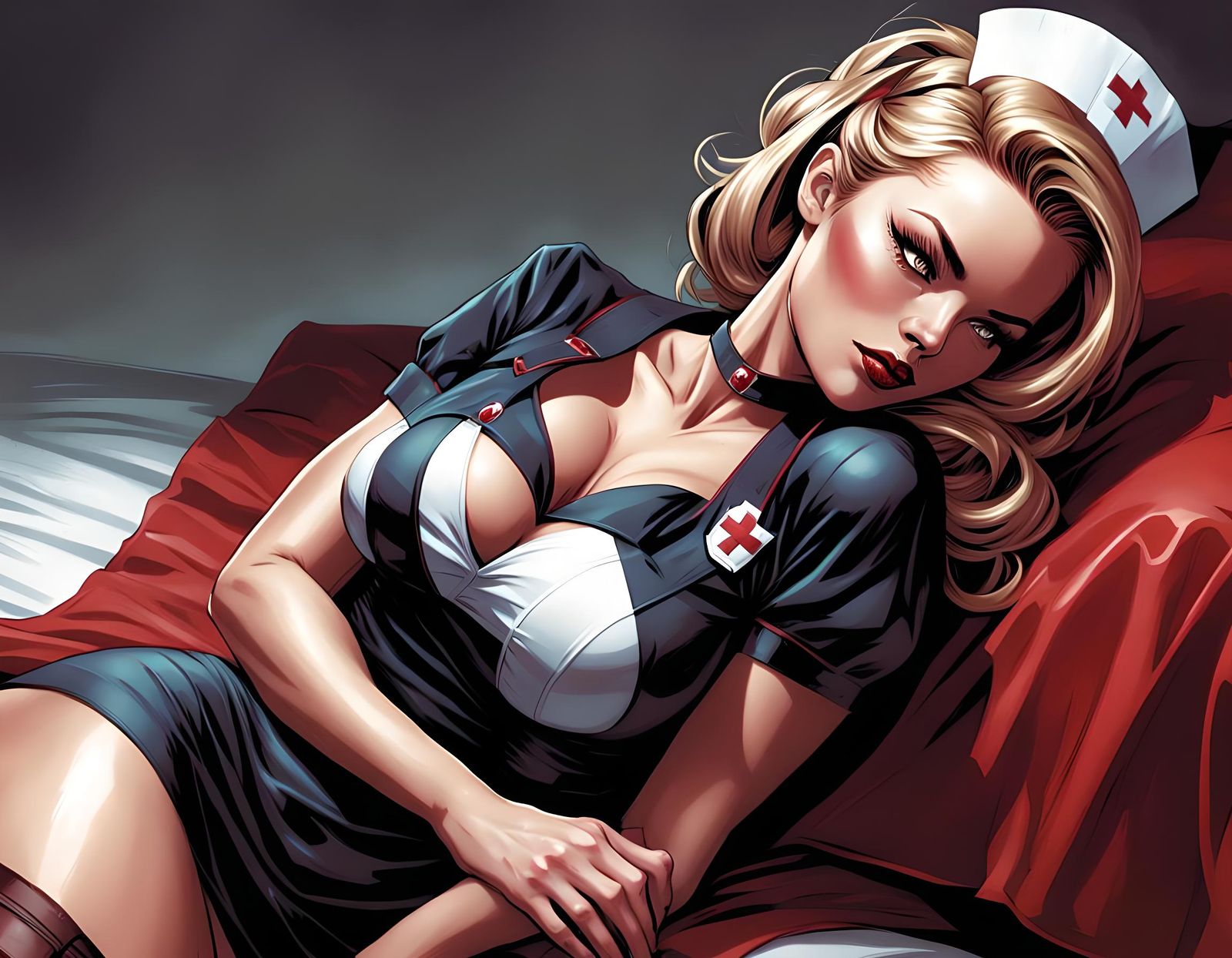 Beautiful nurse in hosiery lying waist up, seductively close up