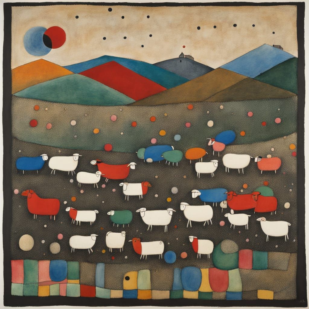 Sheep in Vibrant Harvest Landscape with Polka Dots