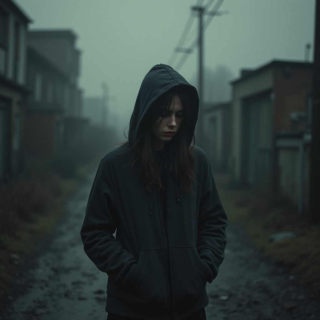 Melancholic Woman in Urban Decay: Digital Art