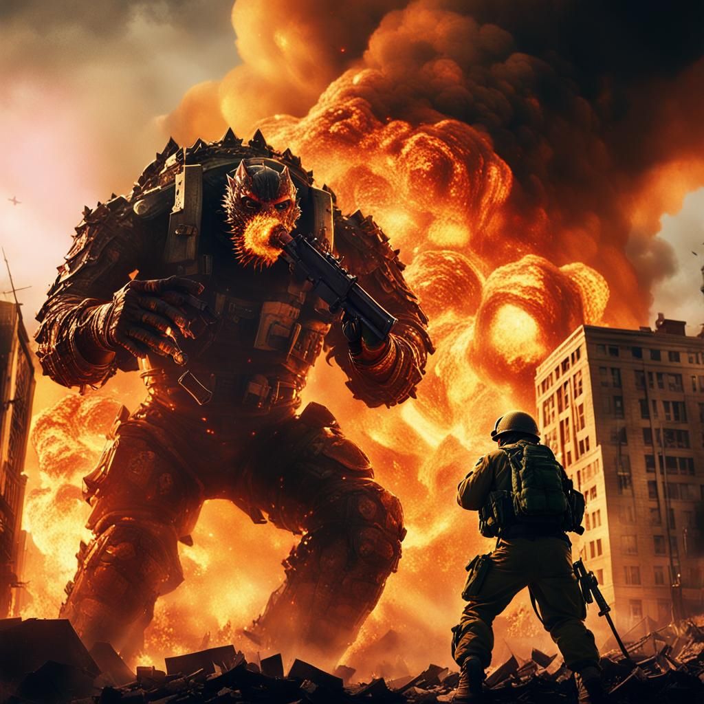 Soldier Views Monster Attack in Cinematic Film Still