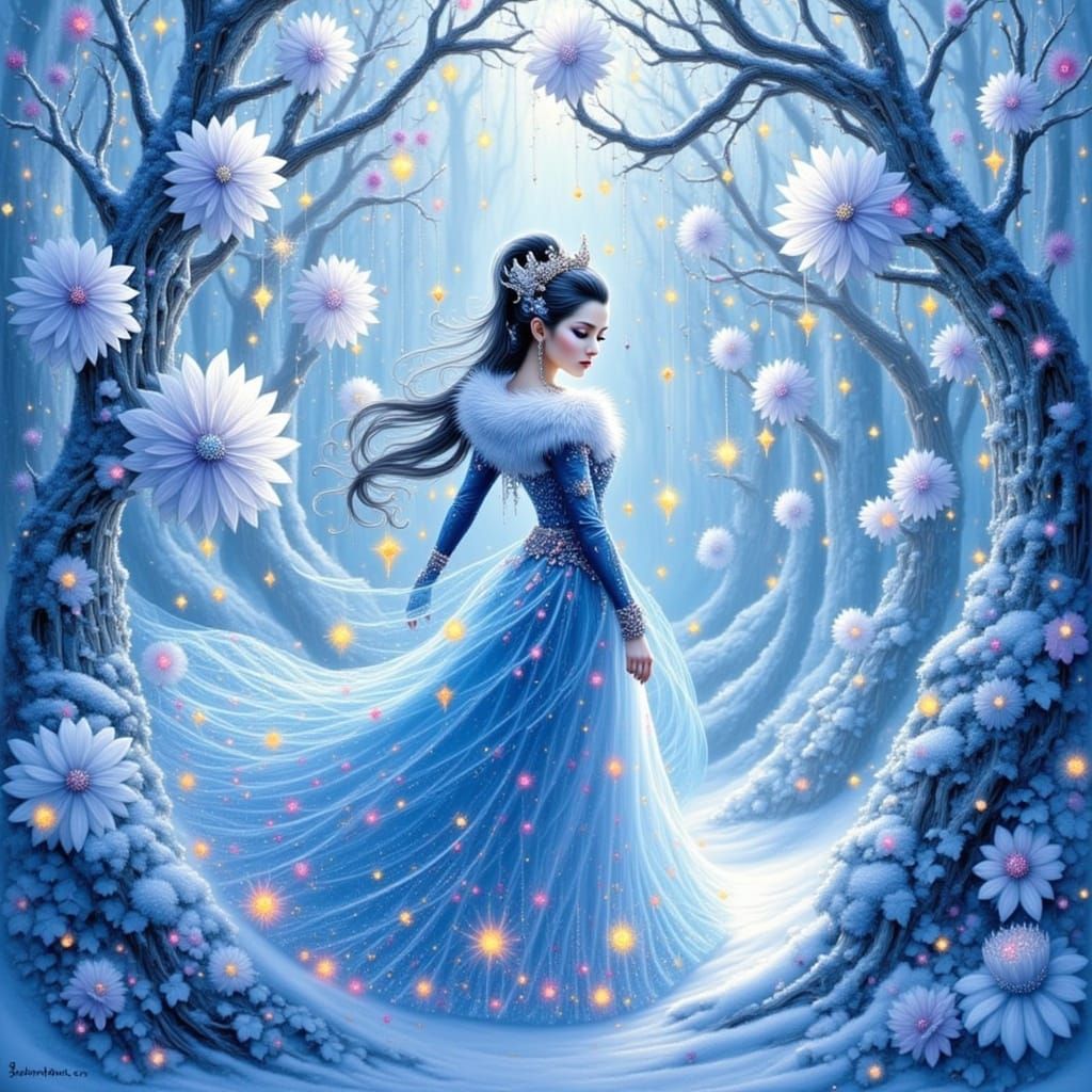 Ethereal Princess in Icy Grove with Shimmering Flowers