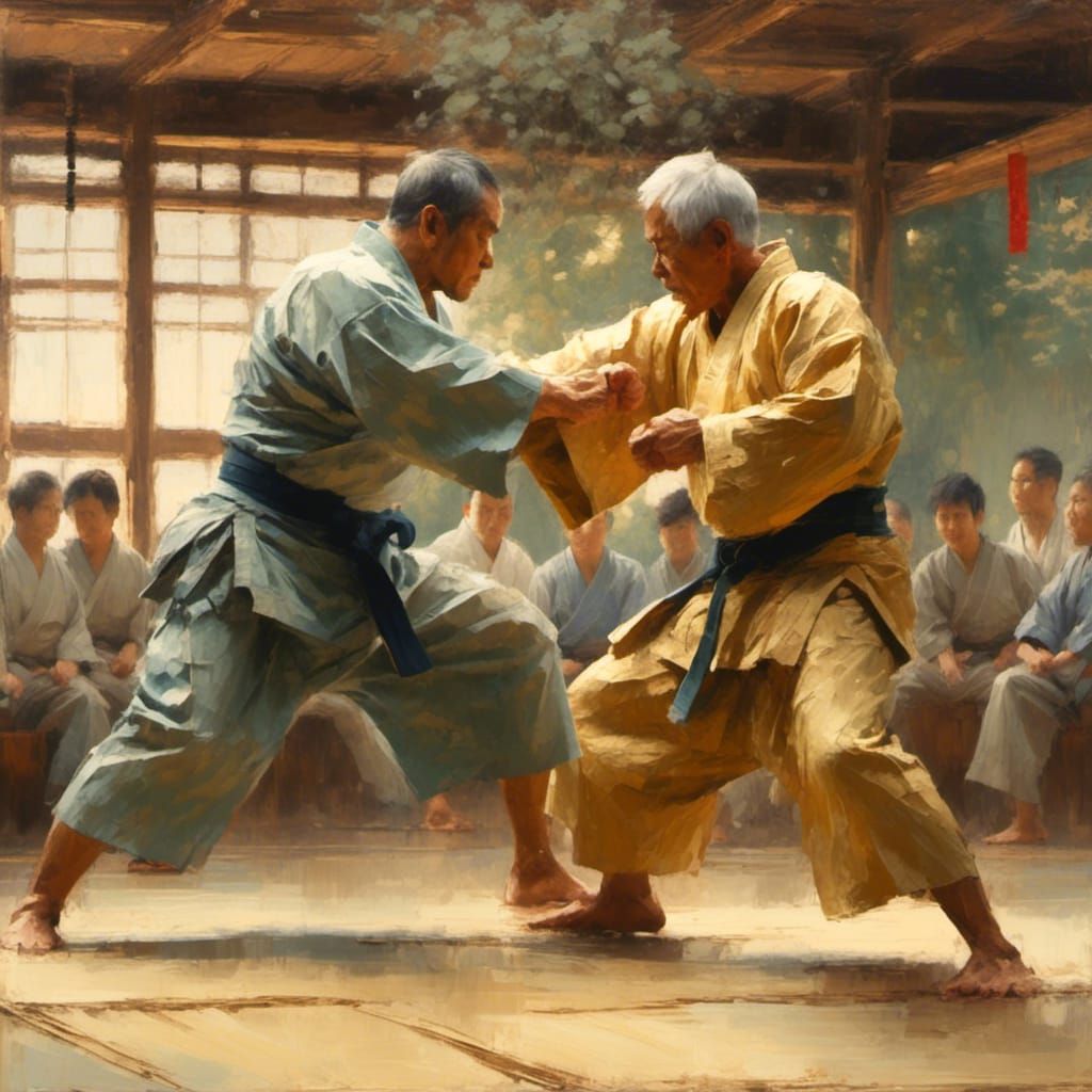 Ukiyo-e Judo Match in Traditional Dojo
