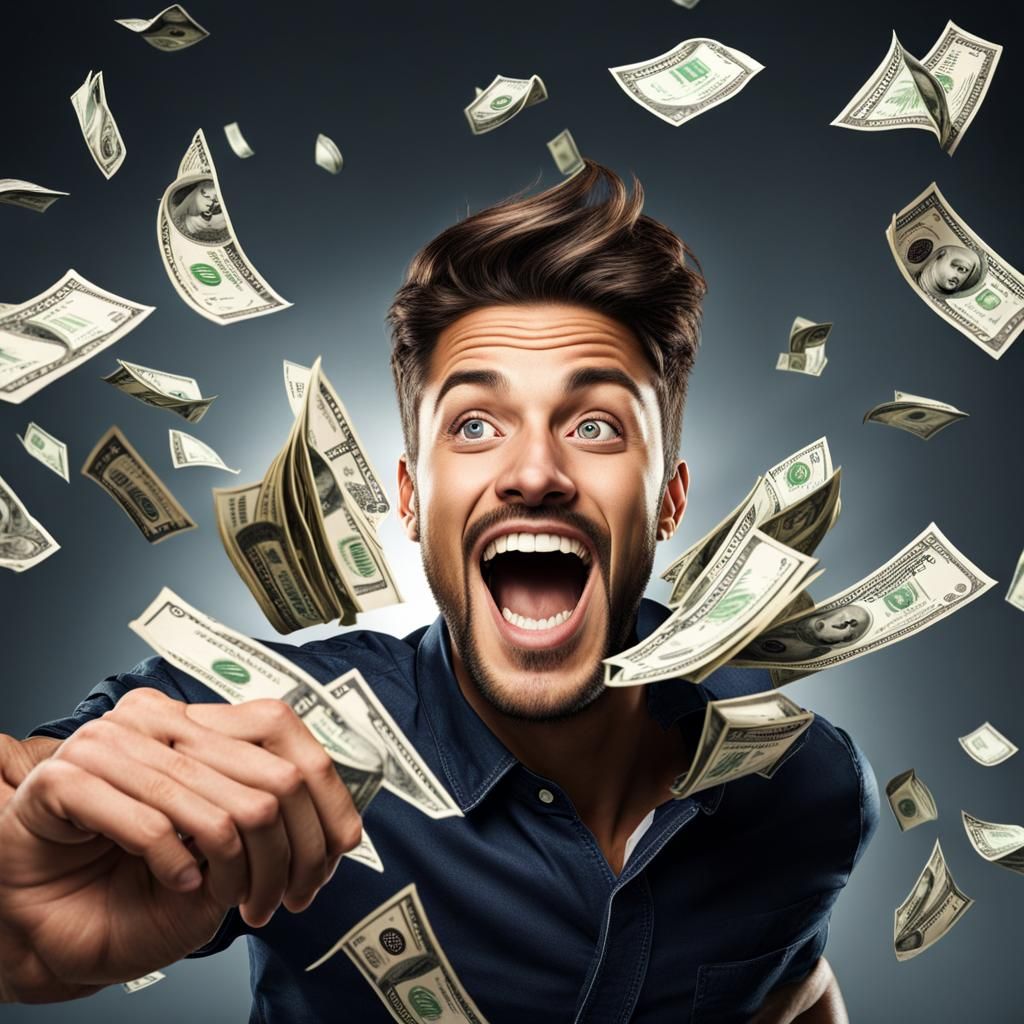 Excited Man Surrounded by Money in Ultra-Realistic Detail