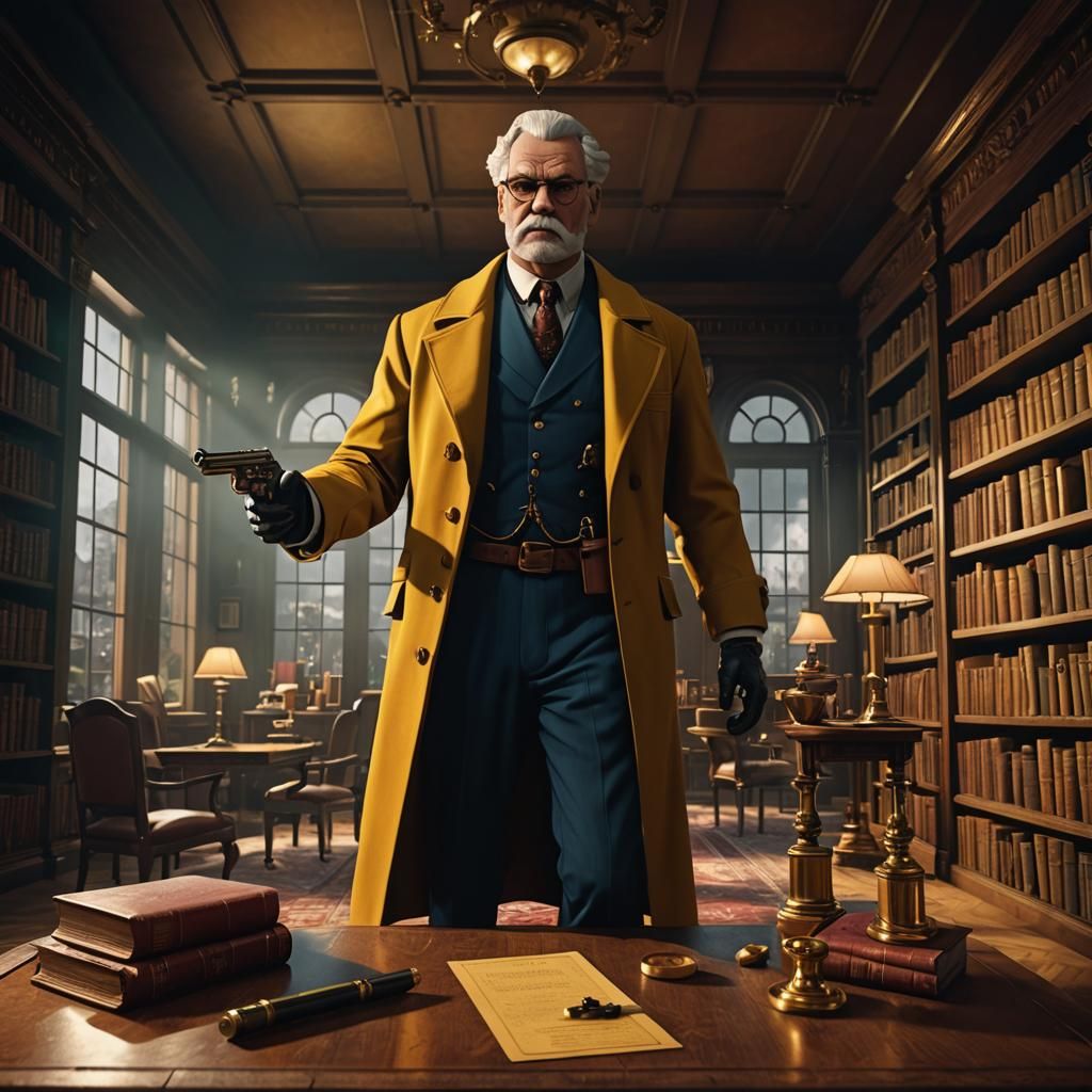 Colonel Mustard in Library with Revolver: 8K Art