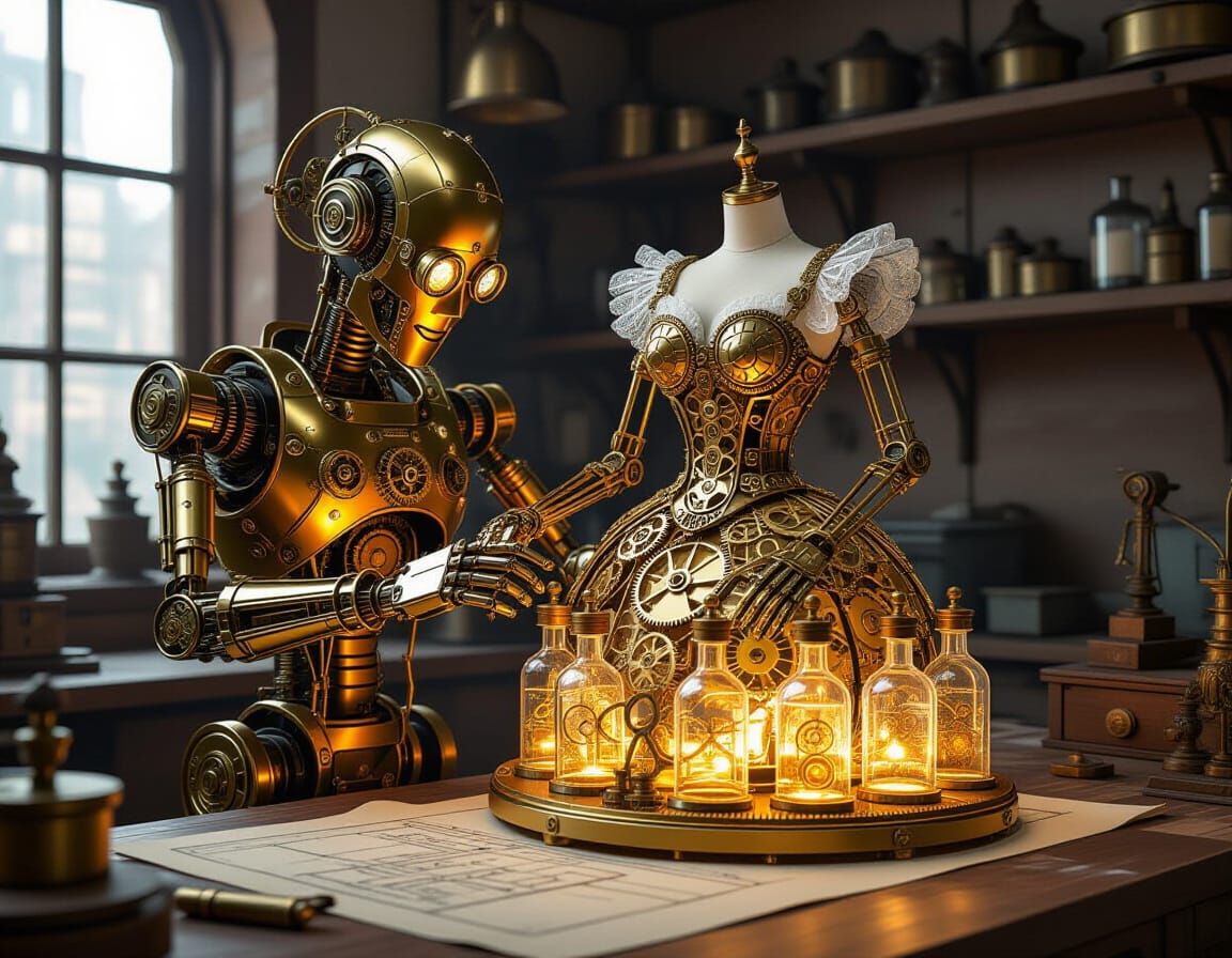 Steampunk Automaton Crafts Clockwork Dress in Victorian Work...