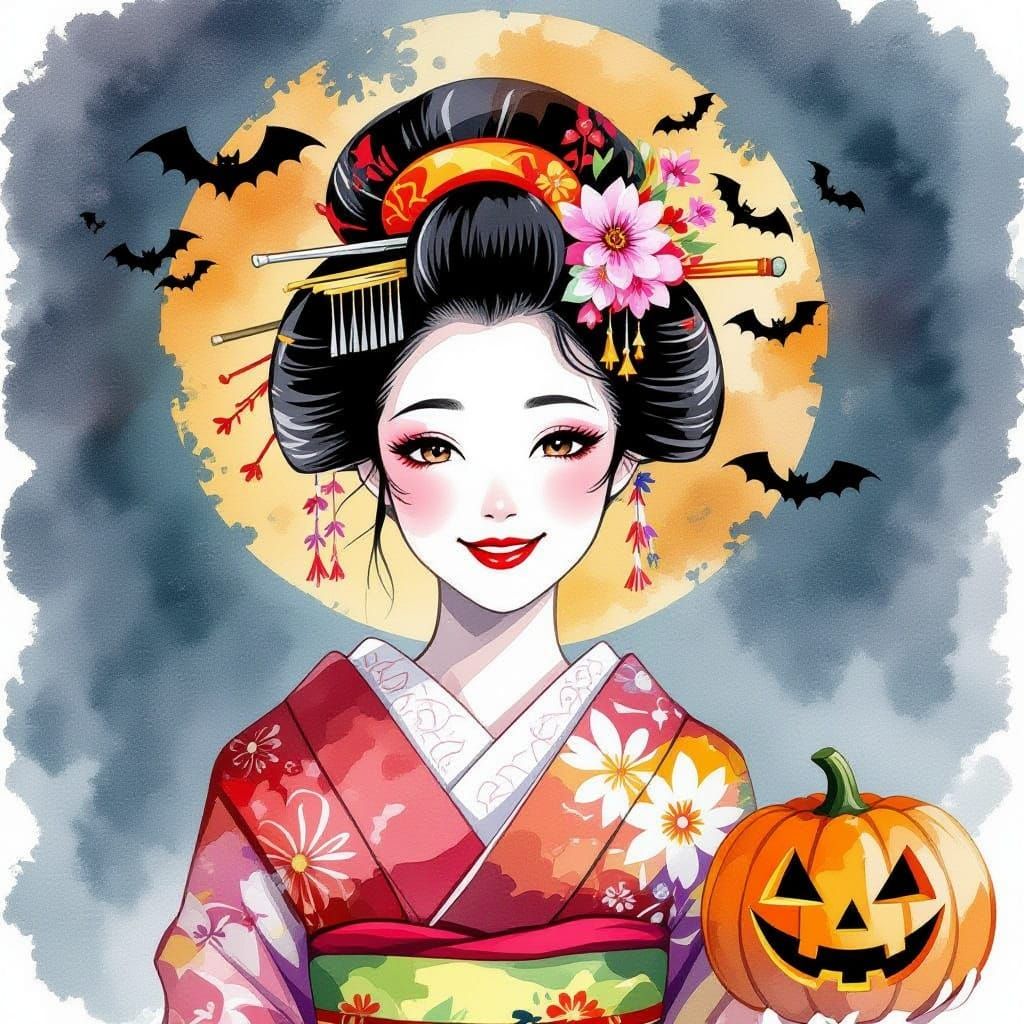 Smiling Geisha Prepares for Halloween in Watercolor