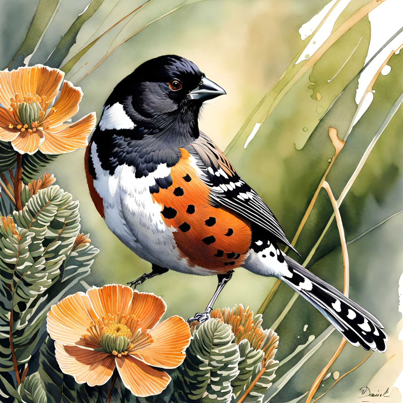 Spotted Towhee Illustration in Watercolor Style