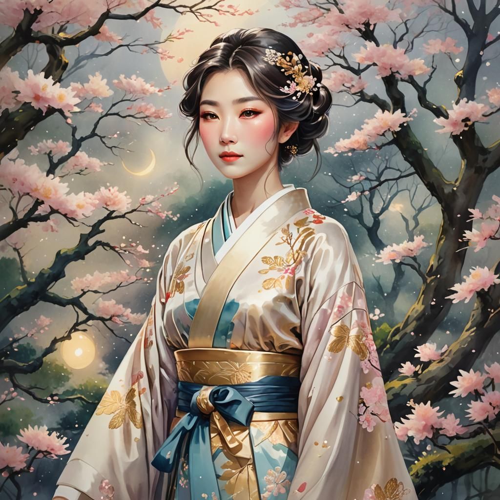 Celestial Japanese Princess in Paradise: Watercolor Art