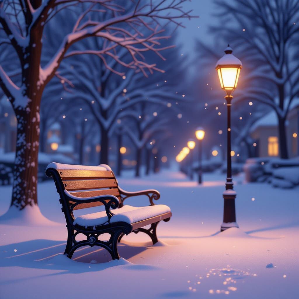 Winter Park Bench in Anime Style with Snowflakes