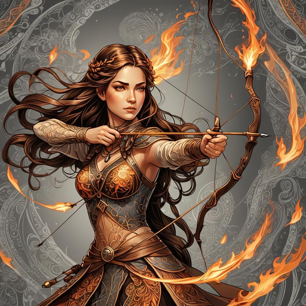 Flaming Arrow: A Woman Archer in Abstract Vector Style