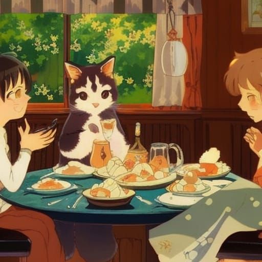 Anime Cat Interrupts Romantic Dinner, Cottagecore Style