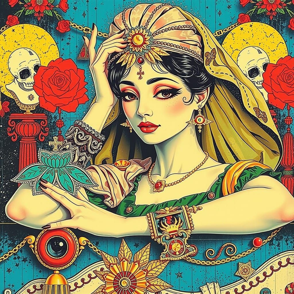 Enigmatic Noblewoman in a Vibrant, Mystical Realm