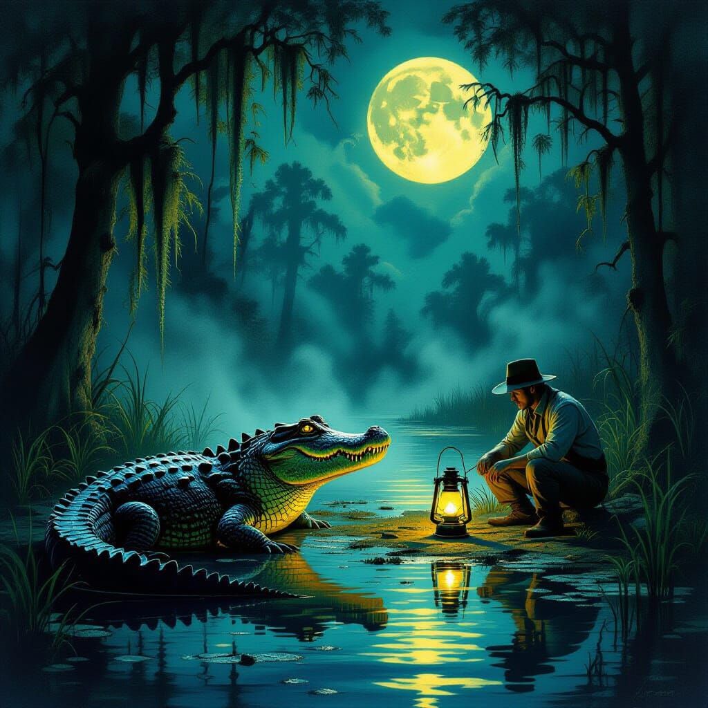 Menacing Alligator Watches Moonshiner in Surreal Swamp Scene