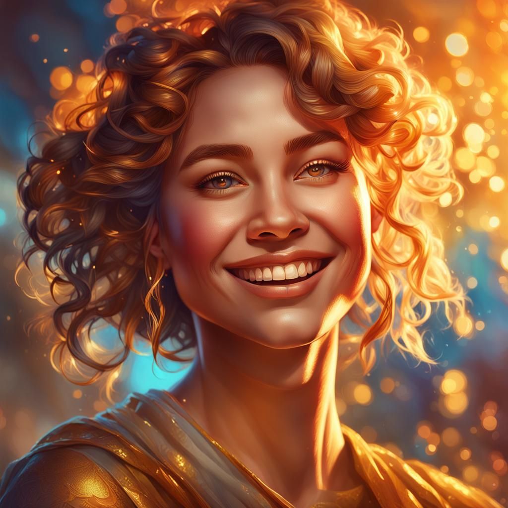Warm Concept Art Portrait of a Smiling Woman in Golden Light
