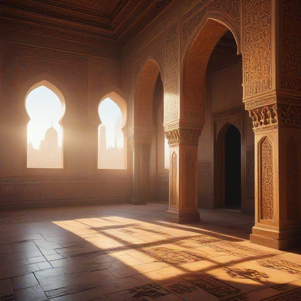 Serene Sudanese Mosque at Dawn in Intricate Geometric Patter...