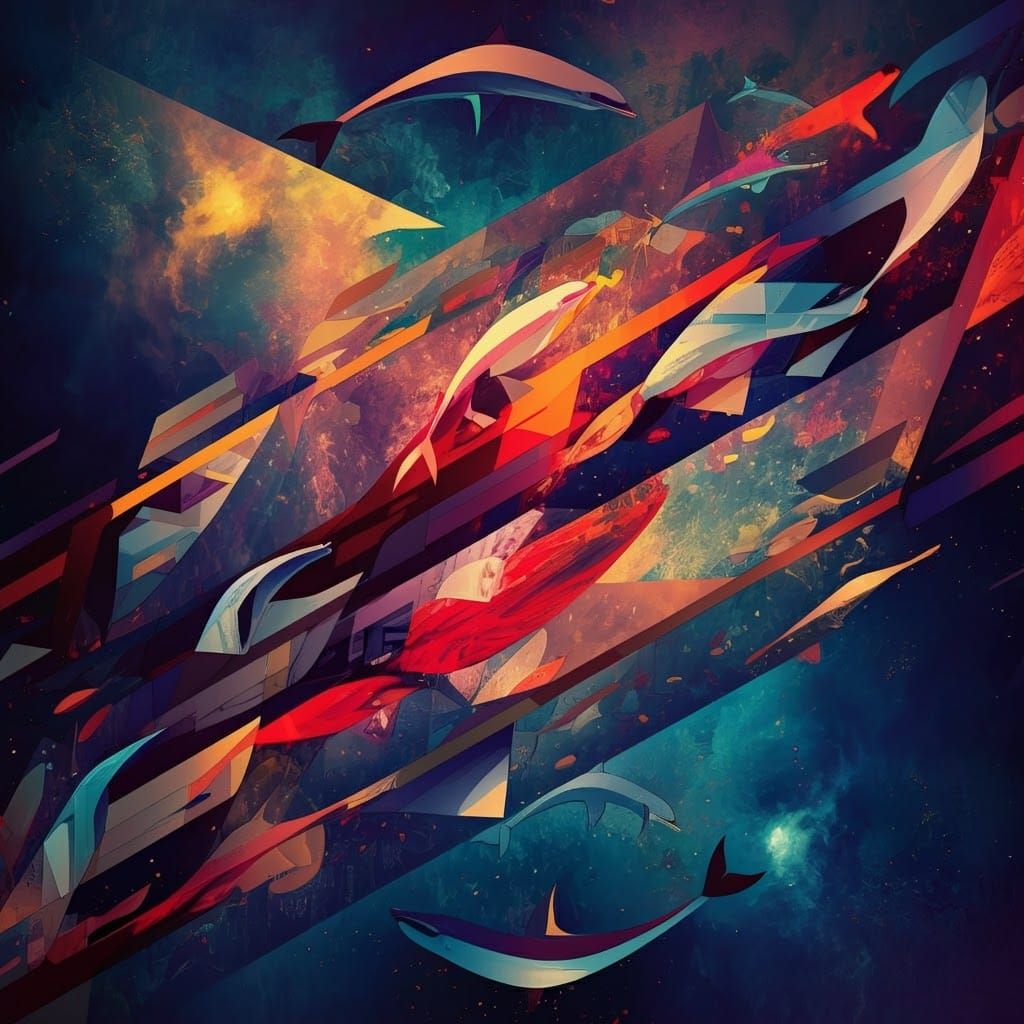 Julie Mehretu style mural with dolphins.