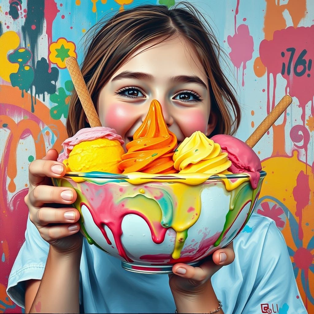 Girl with Melting Ice Cream in Impressionistic Style