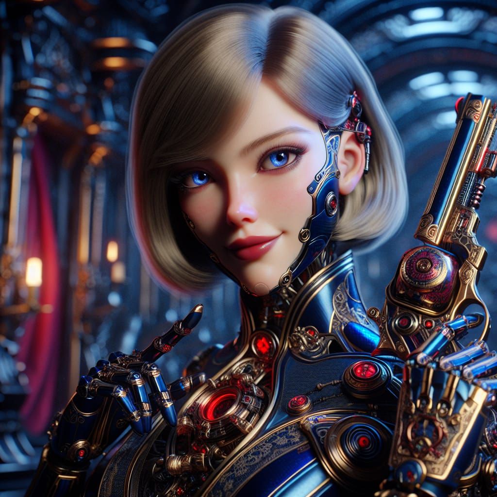 Android Warrior with Steampunk Pistol in Fantasy Setting