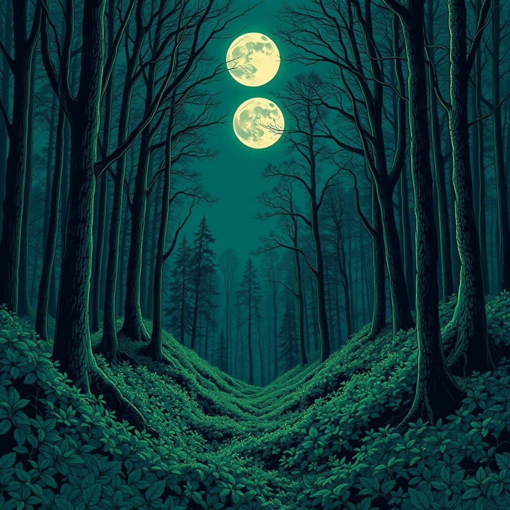 Dreamlike Green Forest Under a Silver Moon