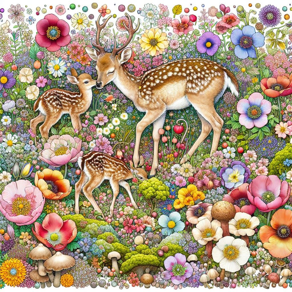 Whimsical Spring Meadow with Doe and Fawn