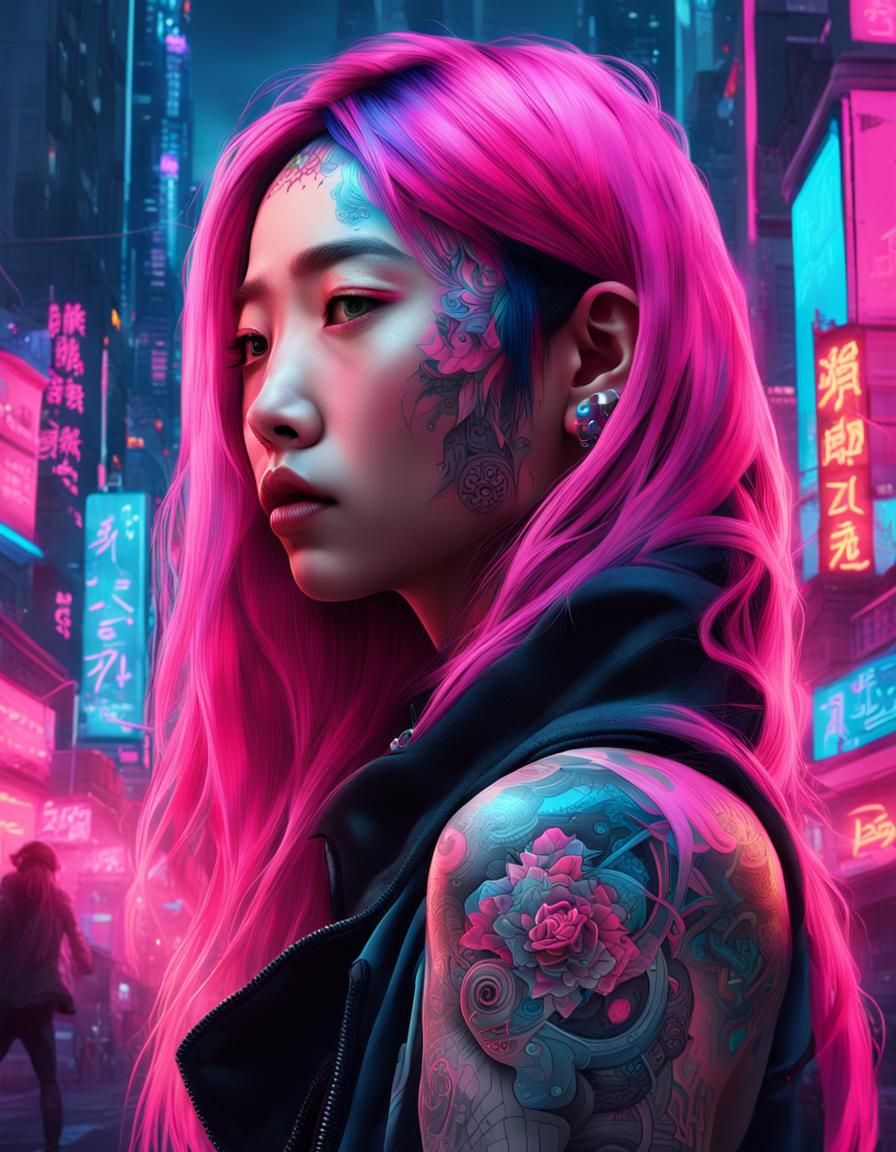 Cyberpunk Girl with Pink Hair in Neon City