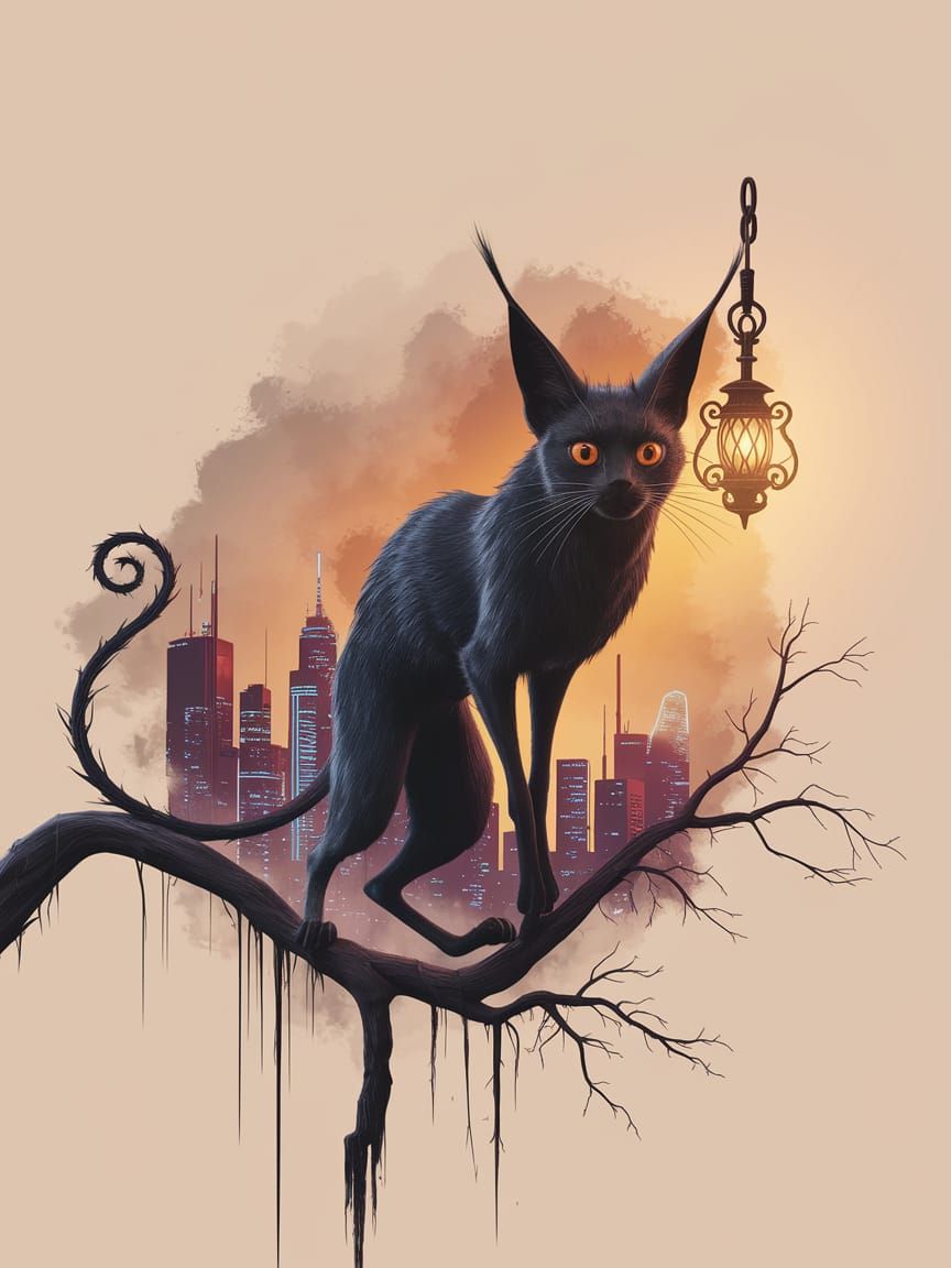 A sleek, elongated Shadow Lynx with a wiry, inky black coat ...