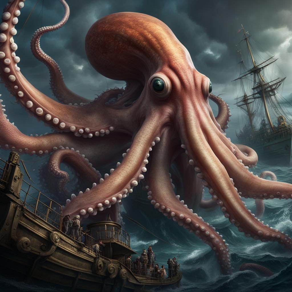 Giant Cephalopods Attack Ships: Fantasy Concept Art