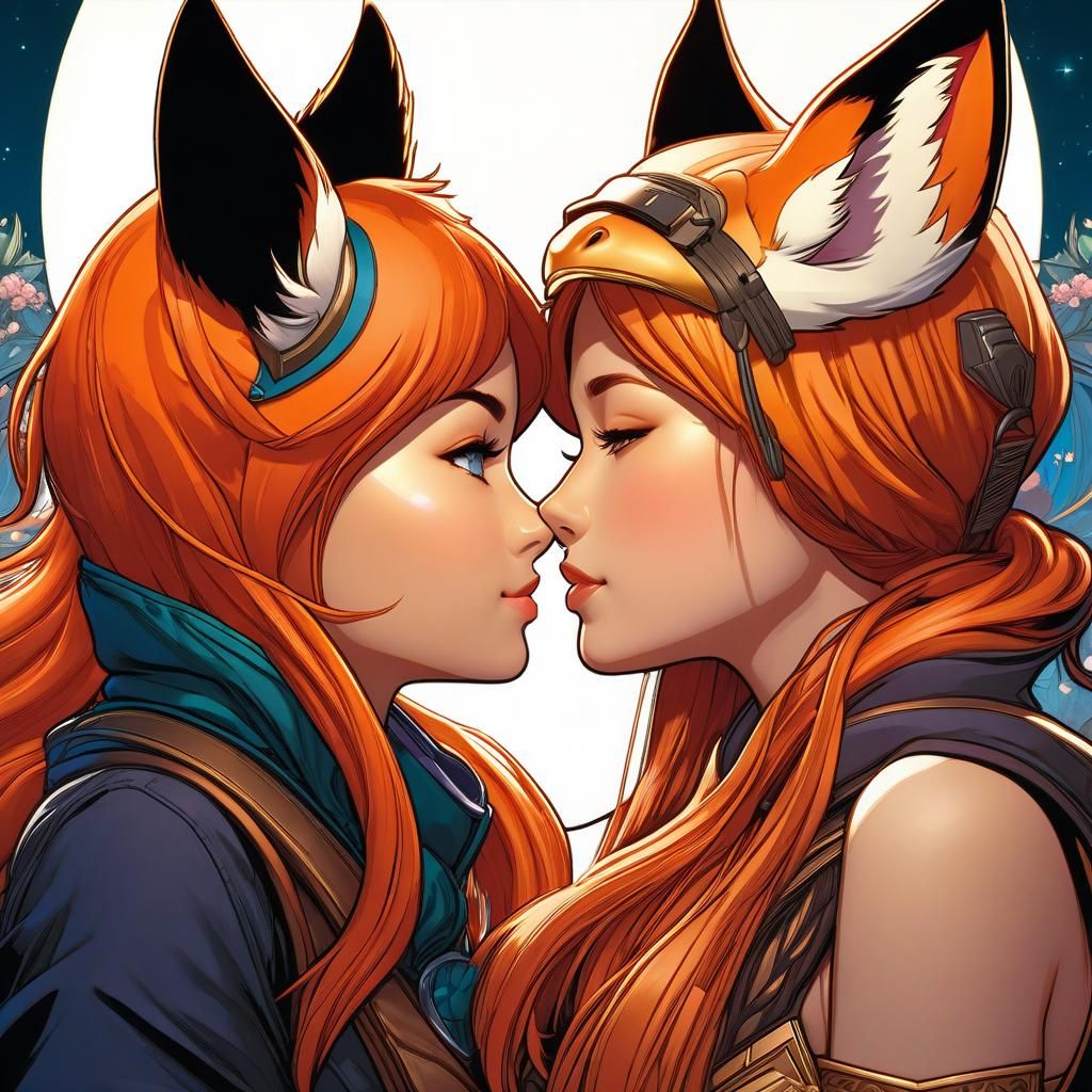 Kitsunemimi: Two Fox-Eared Girls Kissing, Comic Book Style