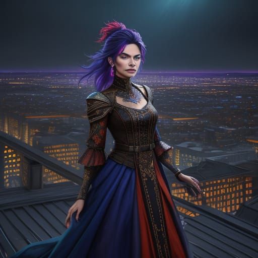 Woman on Rooftop in Vibrant Oil Painting Style