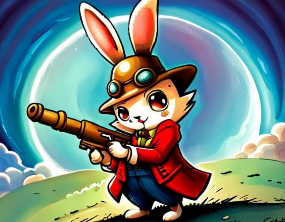 Chibi Rabbit with Bazooka in Ghibli Style