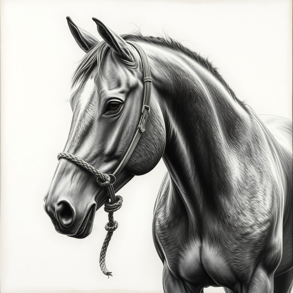 Majestic Gray Horse: Hyperrealistic Charcoal Drawing