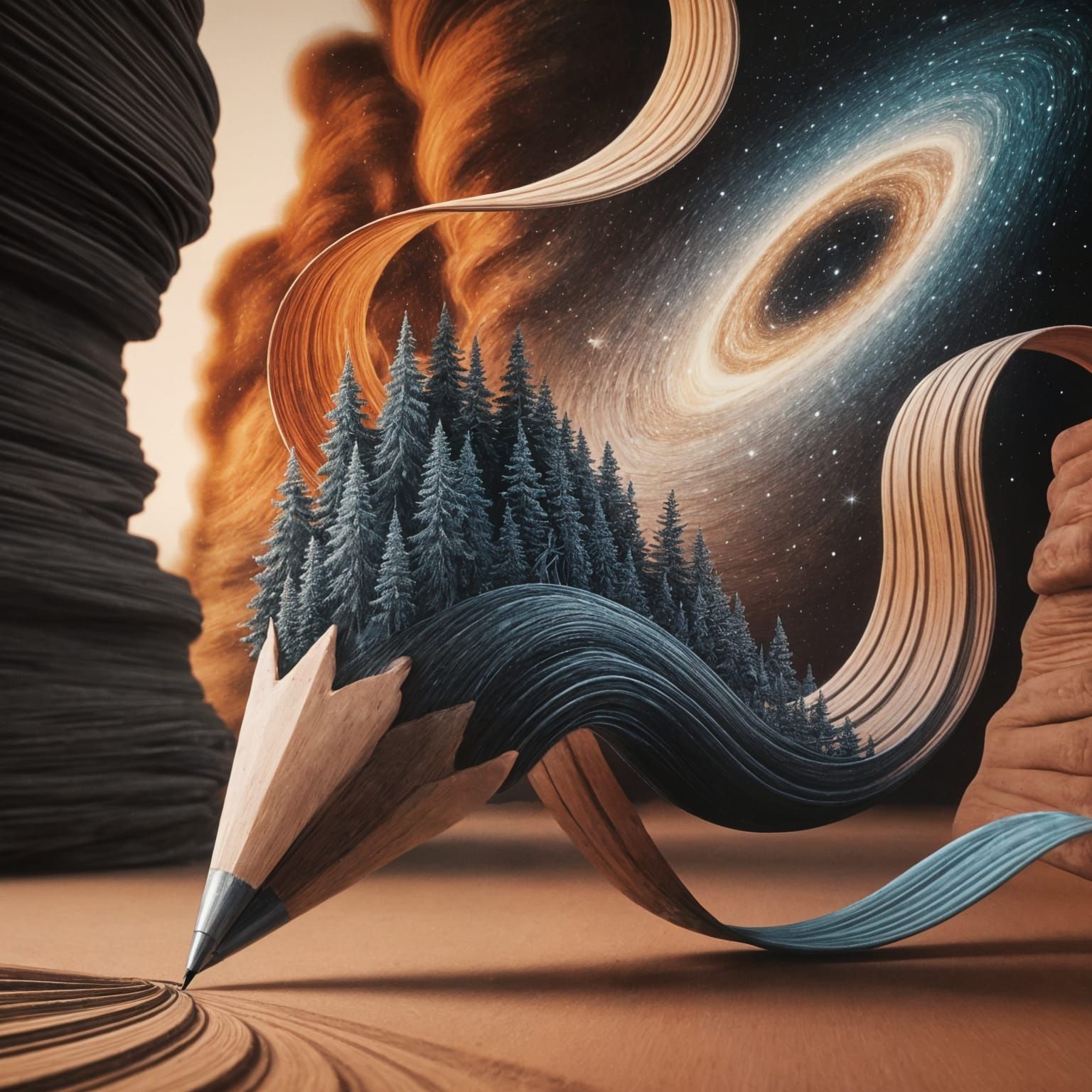 Pencil Unravels into Creative Landscape and Celestial Stars