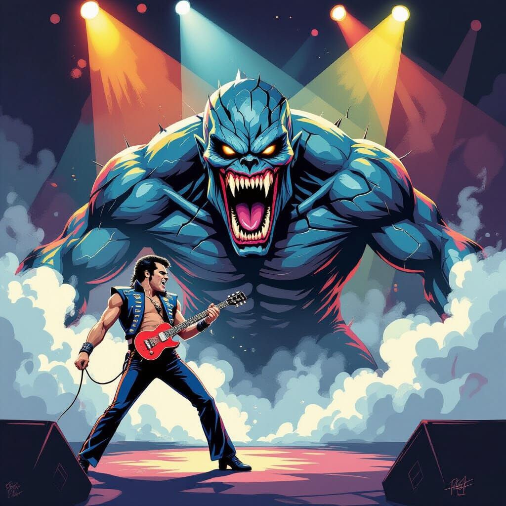 Freddie Mercury and Queen on Stage with Monstrous Creature