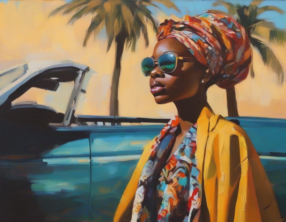 African Woman with Retro Mustang in Stylized Oil Painting
