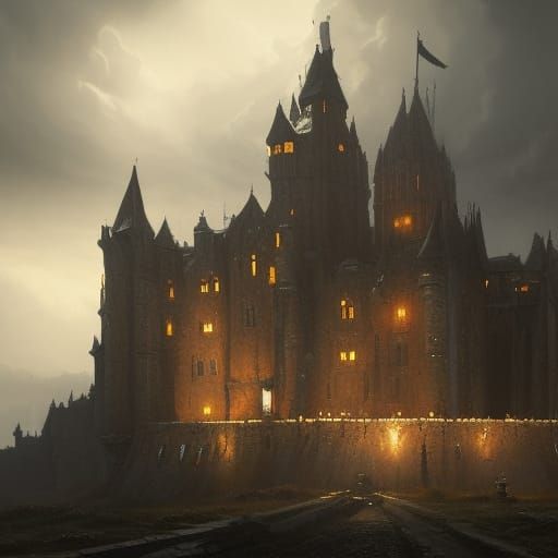 Dark Fantasy Medieval Castle in Gloomy Environment