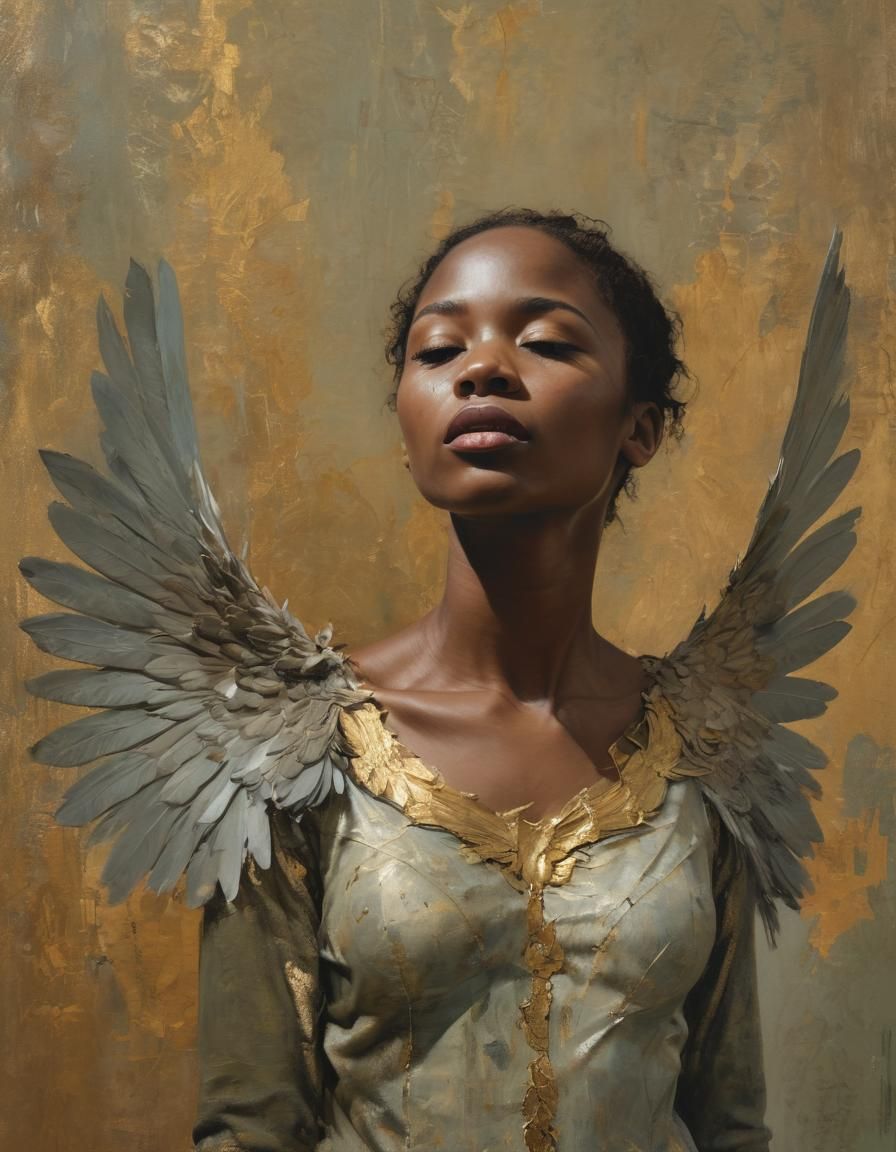 Majestic Black Angel in Verdigris and Gold