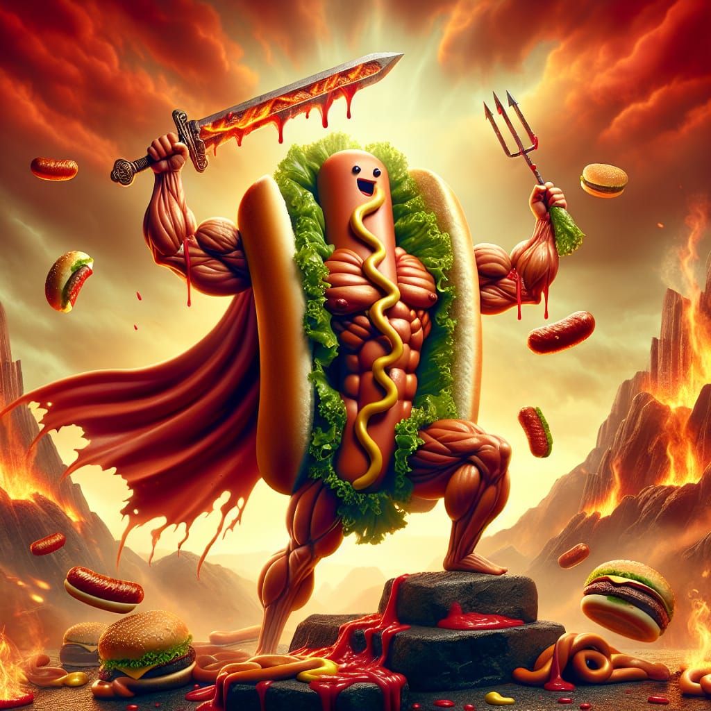 Heroic Hotdog Warrior on Grill Mountain