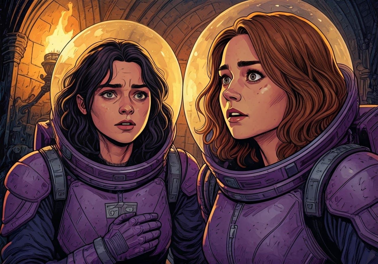 Ashildr and Clara Share a Worried Moment in a Medieval Corri...