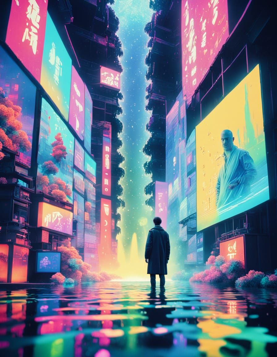 Neon Cityscape with Holographic Reflections