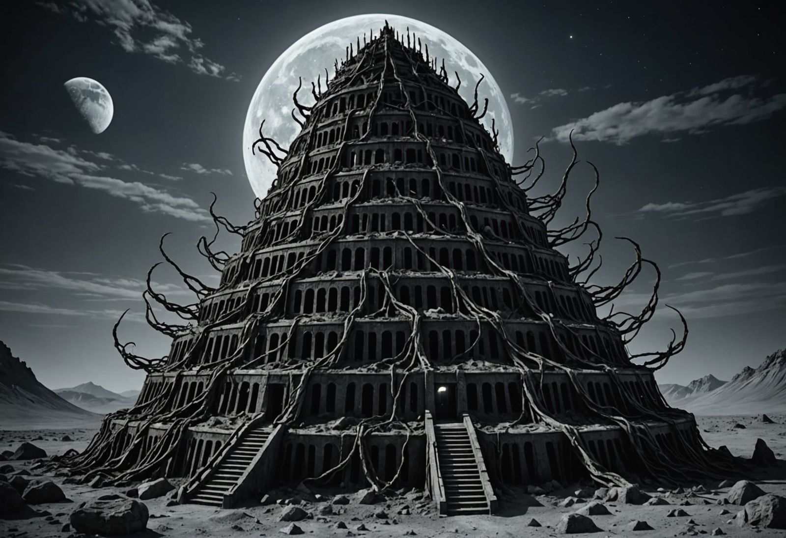 Lovecraftian Alien Ziggurat of Wire and Hands on the Moon