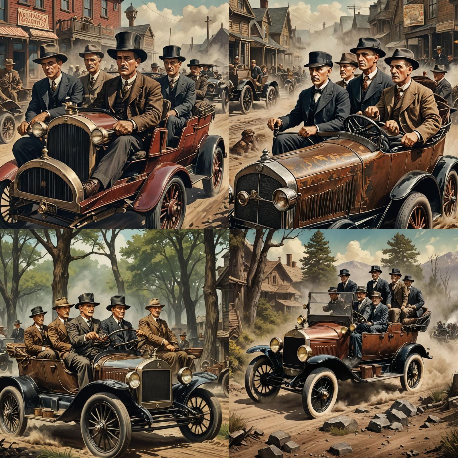 Vintage Lithograph Print of Men in Model T Car