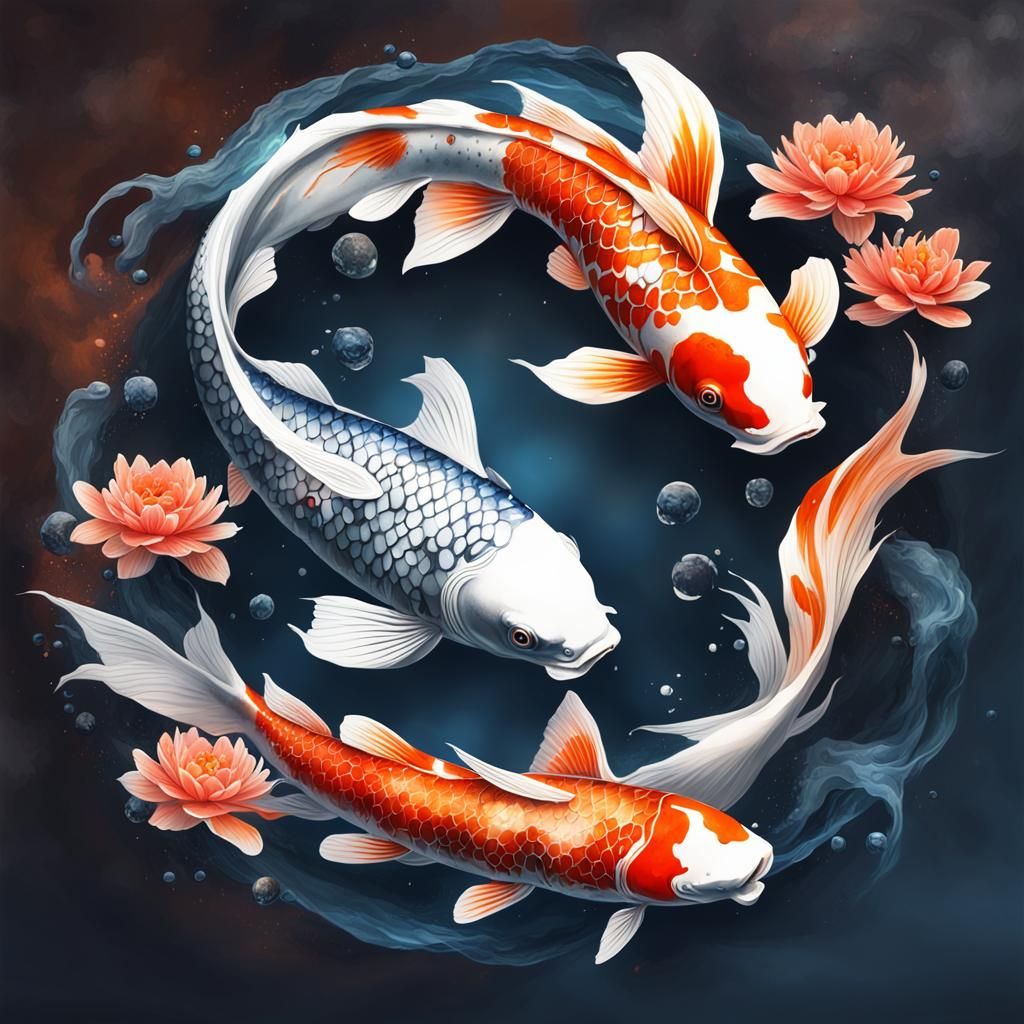 Yin Yang Koi Fish in Japanese Ink Painting