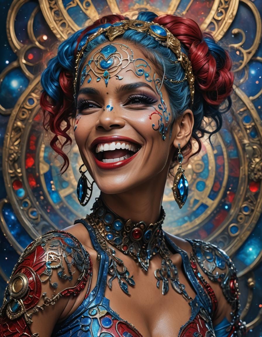 Nebula Goddess as Harley Quinn: HDR Maximalist Portrait